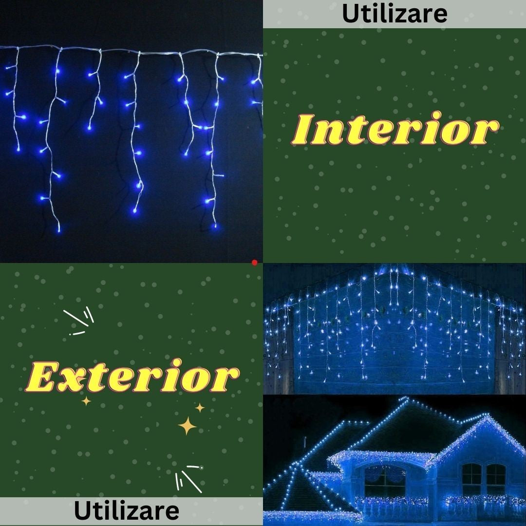 Instalatie de Craciun, Flippy®, Tip Turturi, Sectiune 5 m, 143 LED-uri, 8 Jocuri de Lumini, Fir Alb, Lumina Albastra,
