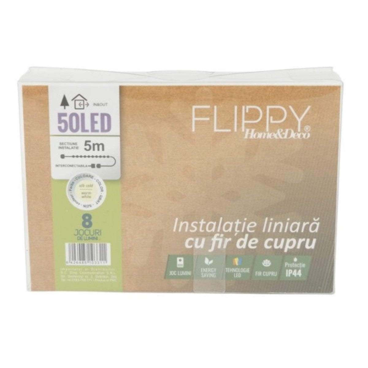 Instalatie de Craciun Liniara, Flippy®, Tip Liniara, Fir Cupru, 8 Jocuri de Lumini, cu Telecomanda, 5 m, 50 Led-uri,
