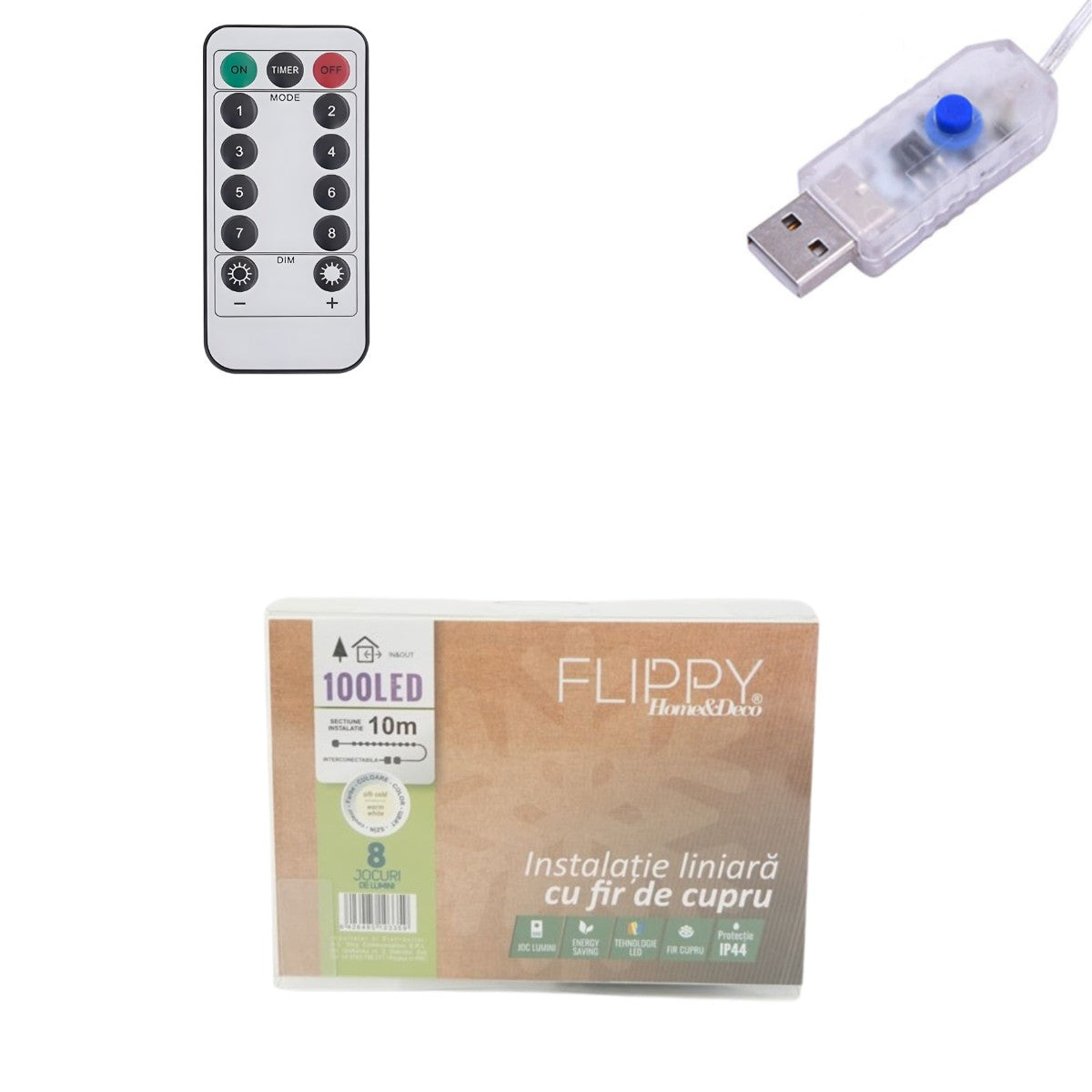 Instalatie de Craciun Liniara, Flippy®, Tip Liniara, Fir Cupru, 8 Jocuri de Lumini, cu Telecomanda, 10 m, 100 Led-uri,