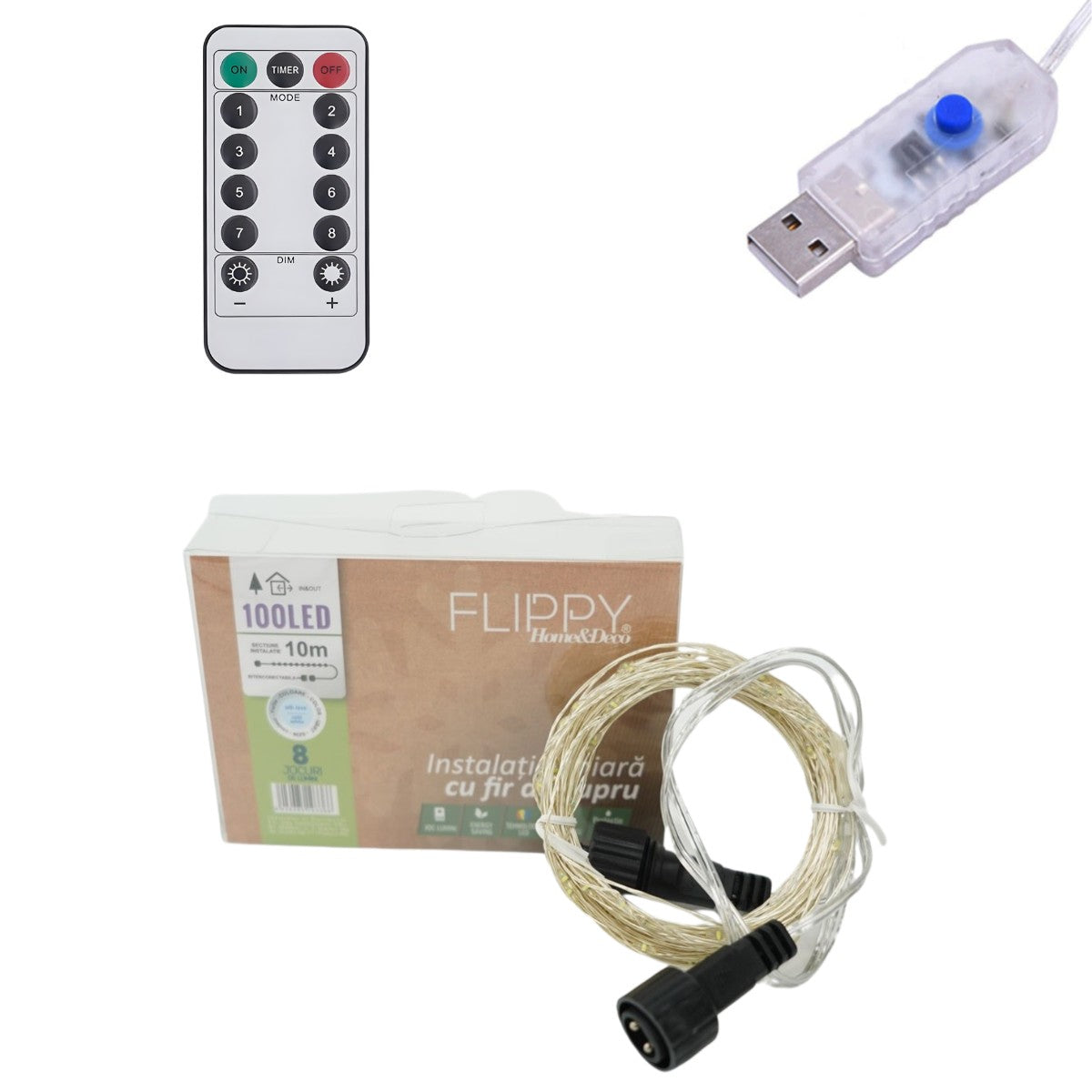 Instalatie de Craciun Liniara, Flippy®, Tip Liniara, Fir Cupru, 8 Jocuri de Lumini, cu Telecomanda, 10 m, 100 Led-uri,