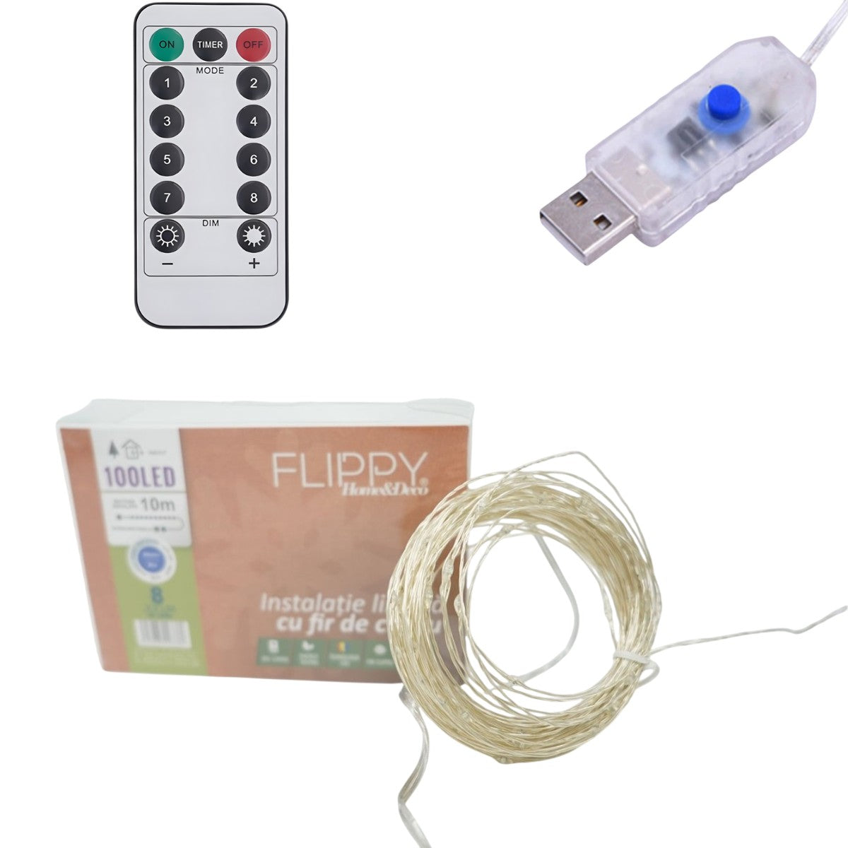 Instalatie de Craciun Liniara, Flippy®, Tip Liniara, Fir Cupru, 8 Jocuri de Lumini, cu Telecomanda, 10 m, 100 Led-uri,