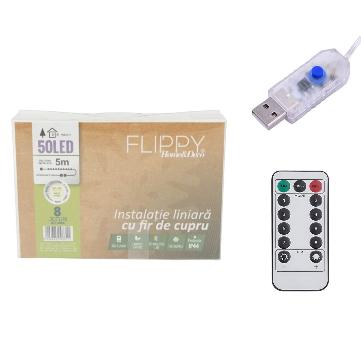 Instalatie de Craciun Liniara, Flippy®, Tip Liniara, Fir Cupru, 8 Jocuri de Lumini, cu Telecomanda, 5 m, 50 Led-uri,