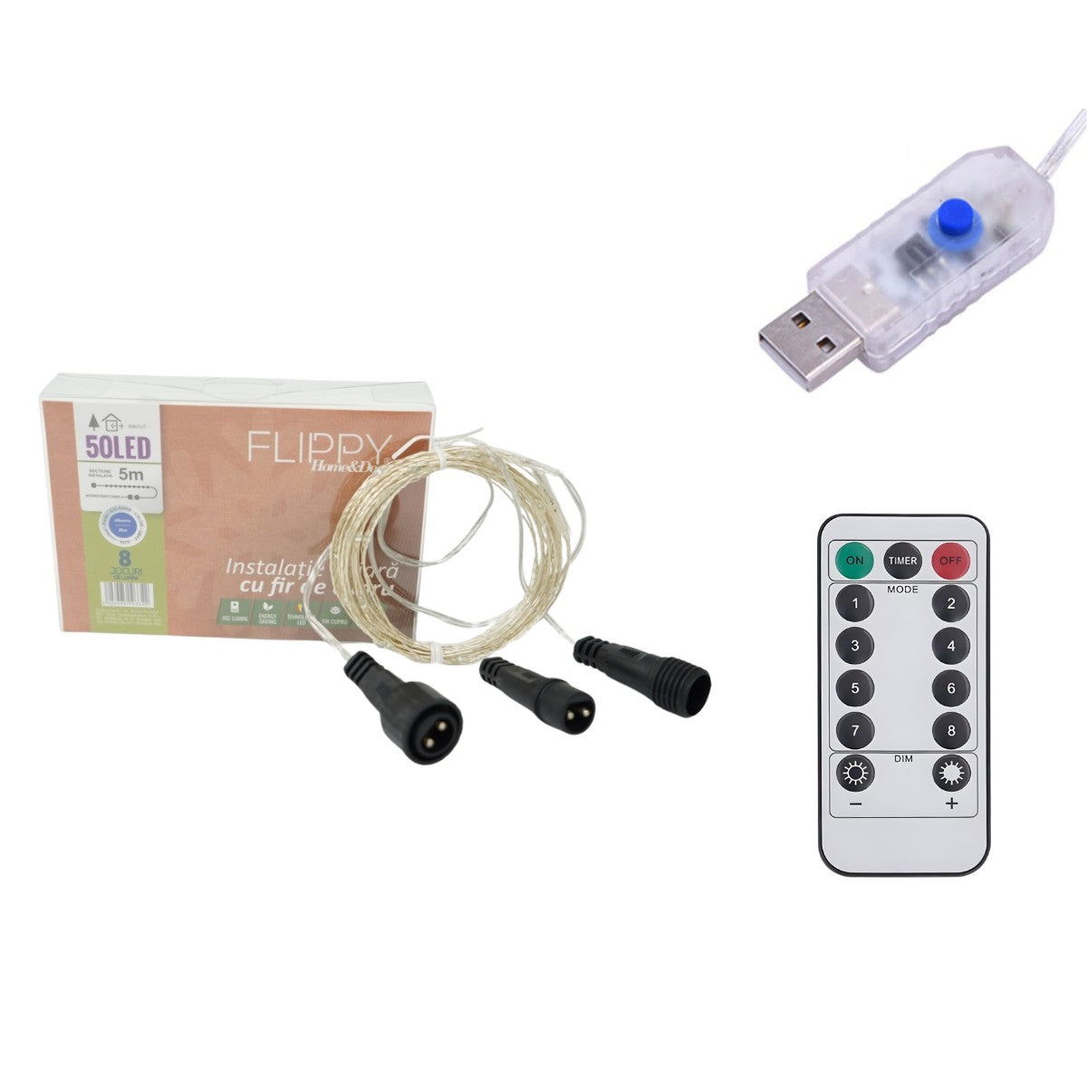 Instalatie de Craciun Liniara, Flippy®, Tip Liniara, Fir Cupru, 8 Jocuri de Lumini, cu Telecomanda, 5 m, 50 Led-uri,