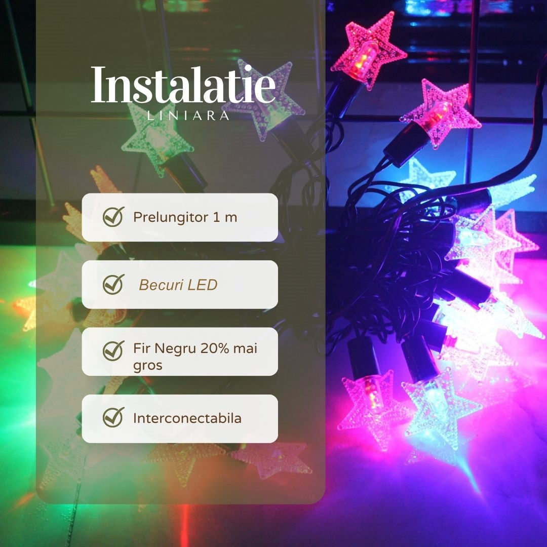 Instalatie de Craciun Liniara RGRB Yoto, 10 m, din care 1 m Prelungitor 220V, 40 LED, Model Stelute, Utilizare