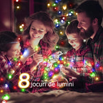 Instalatie de Craciun liniara Yoto, 10 m, din care 1 m cablu priza 220V, 100 LED, 8 jocuri de lumini, beculet in 6