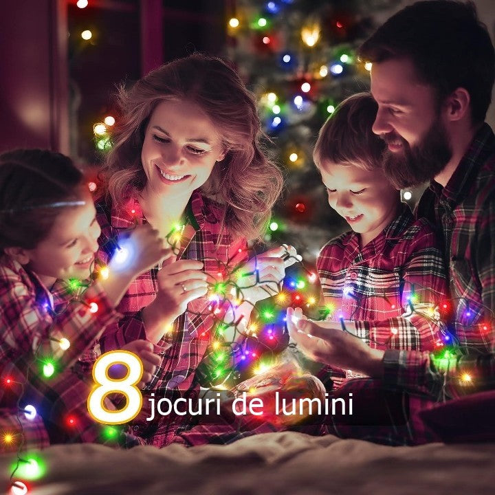 Instalatie de Craciun liniara Yoto, 10 m, din care 1 m cablu priza 220V, 100 LED, 8 jocuri de lumini, beculet in 6