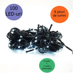 Instalatie de Craciun liniara Yoto, 10 m, din care 1 m cablu priza 220V, 100 LED, 8 jocuri de lumini, controler, fir