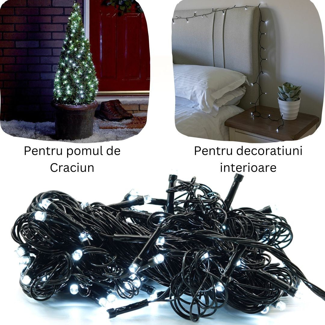 Instalatie de Craciun liniara Yoto, 10 m, din care 1 m cablu priza 220V, 100 LED, 8 jocuri de lumini, controler, fir