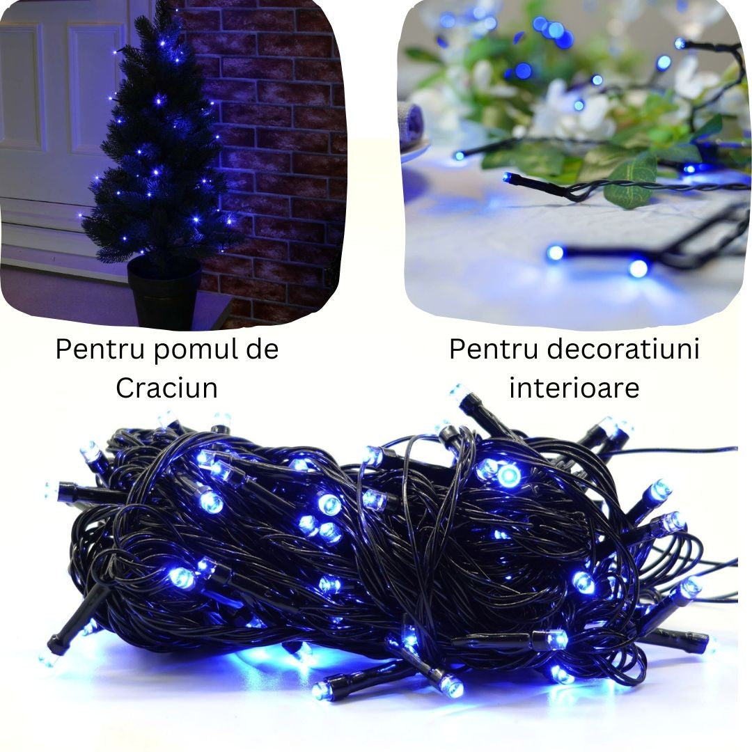 Instalatie de Craciun liniara Yoto, 10 m, din care 1 m cablu priza 220V, 100 LED, 8 jocuri de lumini, controler, fir