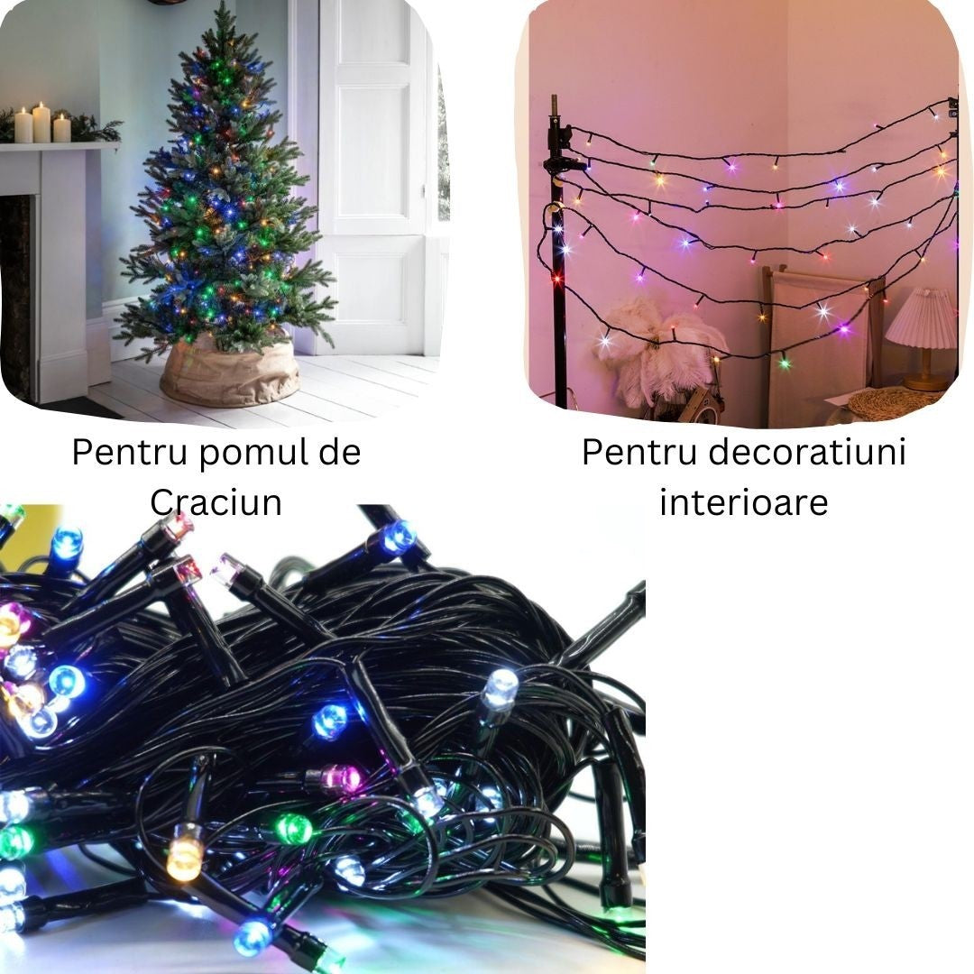 Instalatie de Craciun liniara Yoto, 10 m, din care 1 m cablu priza 220V, 100 LED, 8 jocuri de lumini, pentru interior,