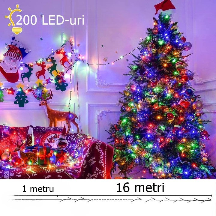 Instalatie de Craciun liniara Yoto, 17 m, din care 1 m cablu priza 220V, 200 LED, 8 jocuri de lumini, beculet in 6