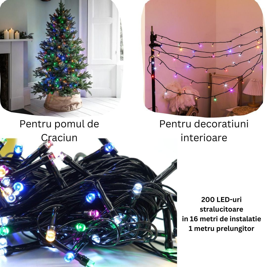Instalatie de Craciun liniara Yoto, 17 m, din care 1 m cablu priza 220V, 200 LED, 8 jocuri de lumini, controler, fir
