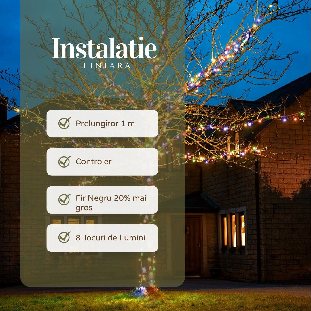 Instalatie de Craciun Liniara Yoto, 22 m, din care 1 m Prelungitor 220V, 300 LED, 8 jocuri de lumini, Controler,