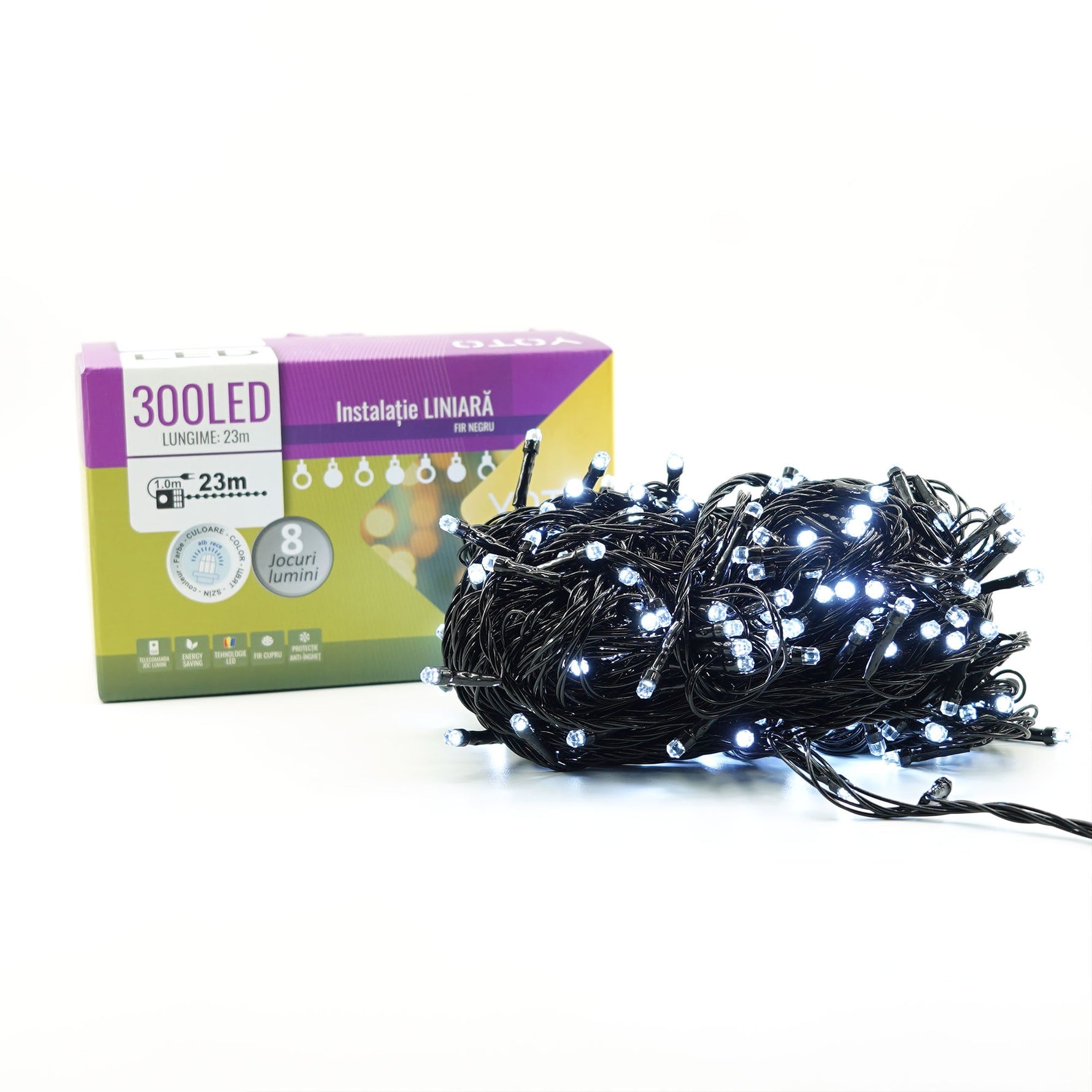 Instalatie de Craciun liniara Yoto, 24 m, din care 1 m cablu priza 220V, 300 LED, 8 jocuri de lumini, beculet in 6
