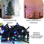 Instalatie de Craciun liniara Yoto, 24 m, din care 1 m cablu priza 220V, 300 LED, 8 jocuri de lumini, controler, fir