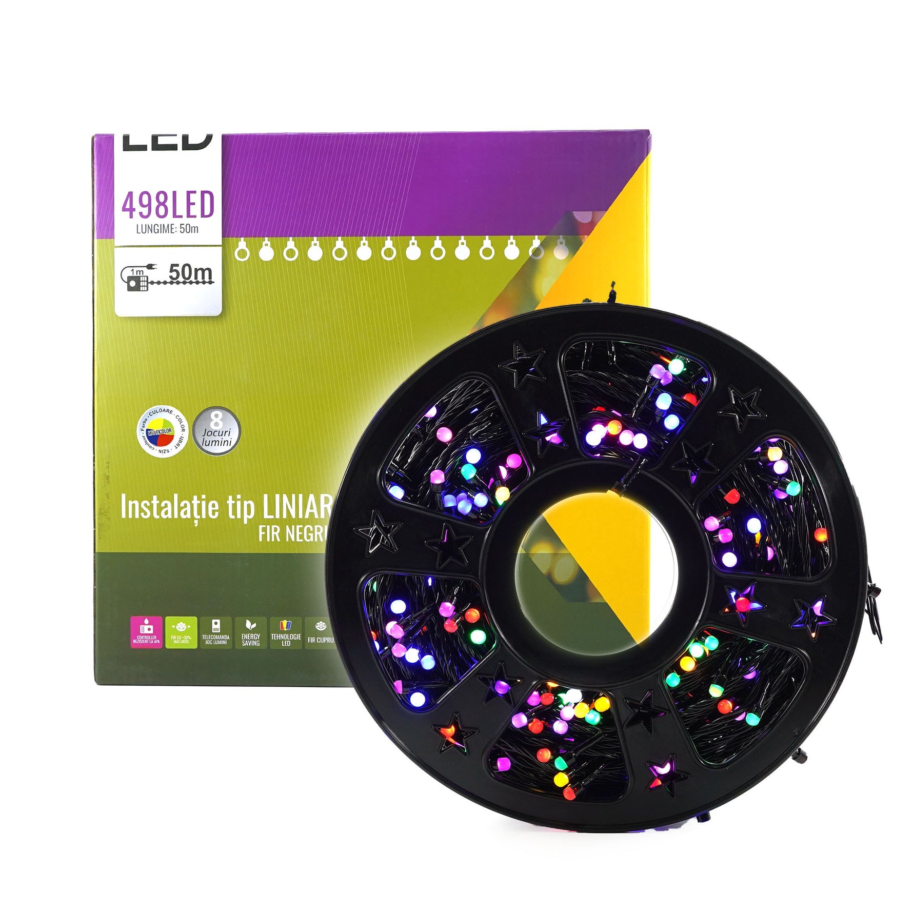 Instalatie de Craciun Liniara Yoto, 50 m, 1 m Prelungitor 220V, 498 LED, 8 Jocuri de Lumini, Controler, Fir Negru,