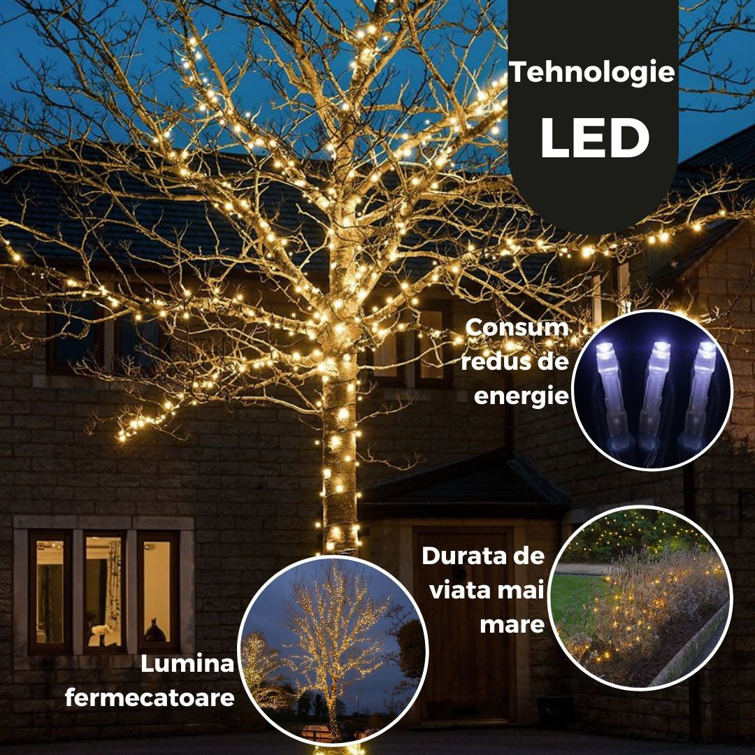 Instalatie de Craciun Liniara Yoto, 50 m, 1 m Prelungitor 220V, 498 LED, 8 Jocuri de Lumini, Controler, Fir Negru,