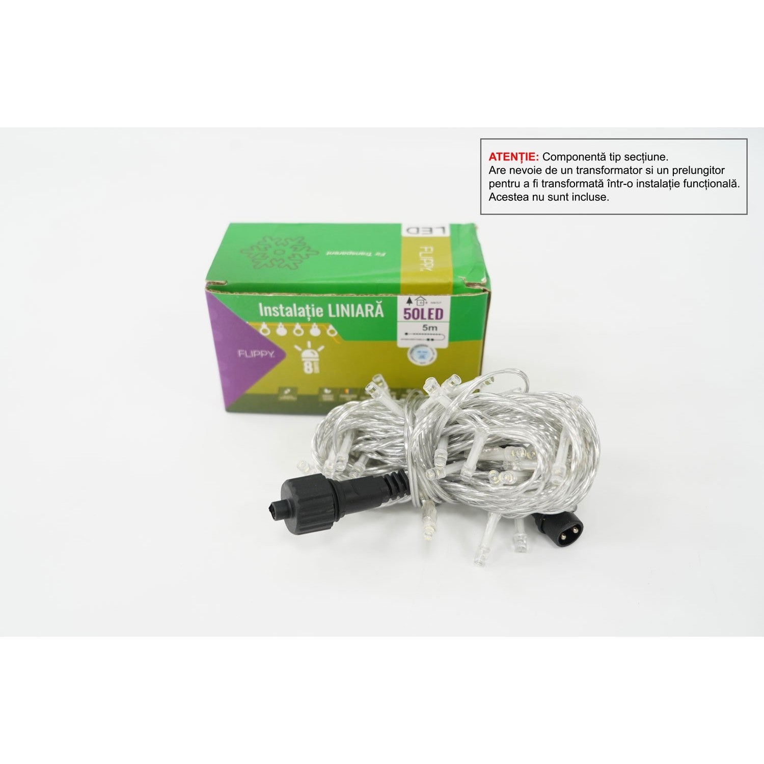 Sectiune Instalatie de Craciun Tip Liniar, 8 jocuri de lumini, Fir Transparent, 5 m, 50 LED -uri, Alb Rece, Nu contine