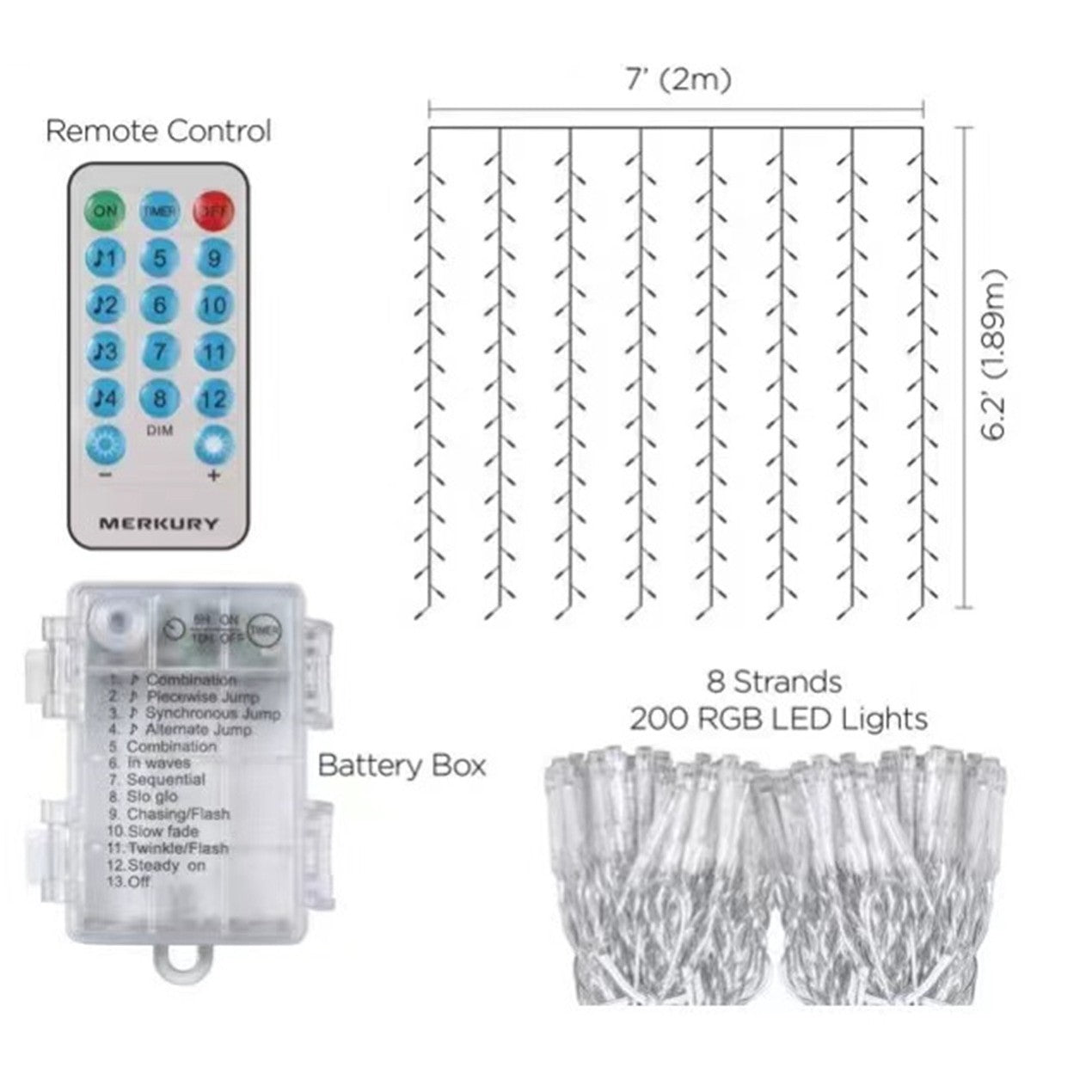 Instalatie de Craciun, Flippy®, Tip Perdea, cu Baterii, 8 Jocuri de Lumini, Muzica, cu Telecomanda, 2 x 2 m, 200