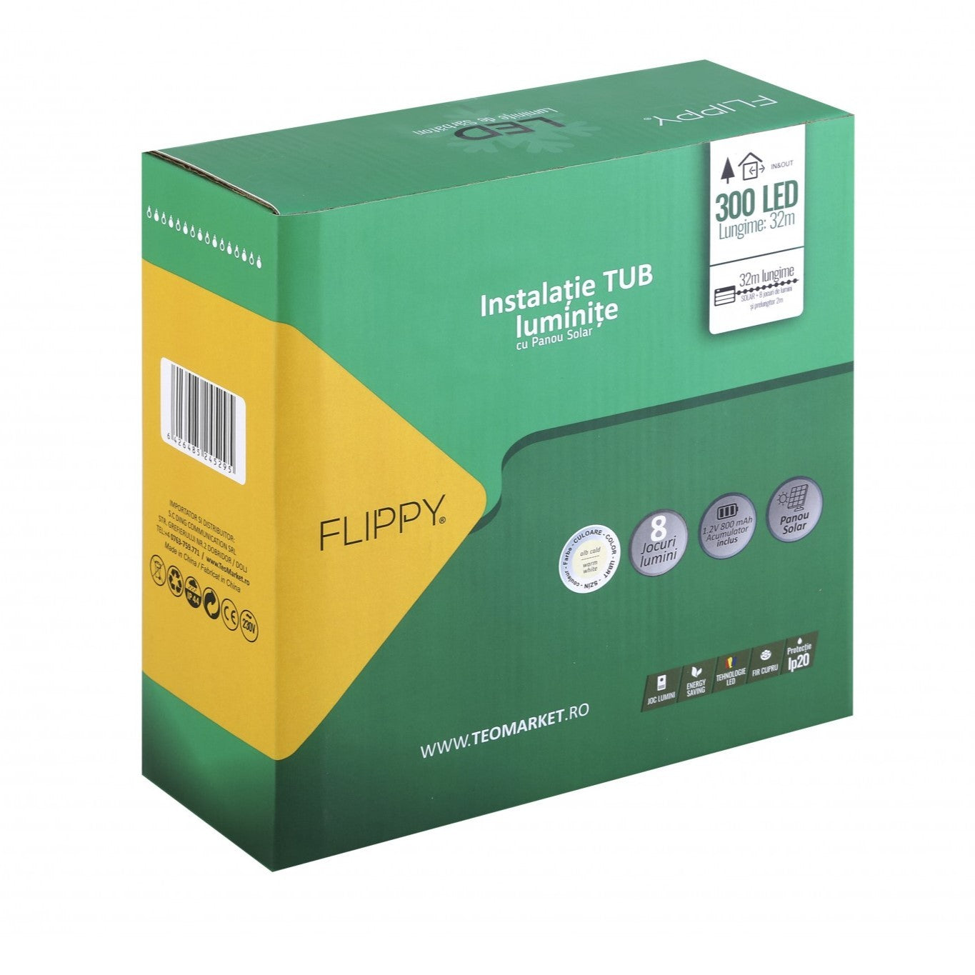Instalatie luminoasa de Craciun tip furtun luminos, 300 LED-uri, 32 metri lungime, 8 programe, 2 metri prelungitor,