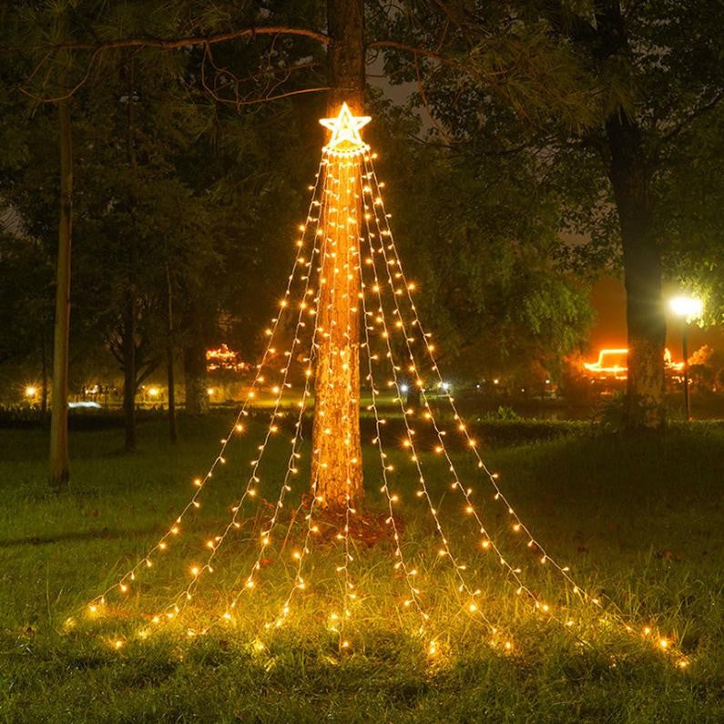 Instalatie luminoasa tip perdea pentru pomul de Craciun, cu stea luminoasa, 350 LED-uri, conectare retea,
