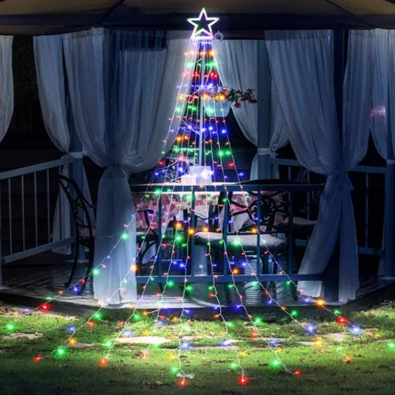 Instalatie luminoasa tip perdea pentru pomul de Craciun, cu stea luminoasa, 350 LED-uri, incarcare solara,