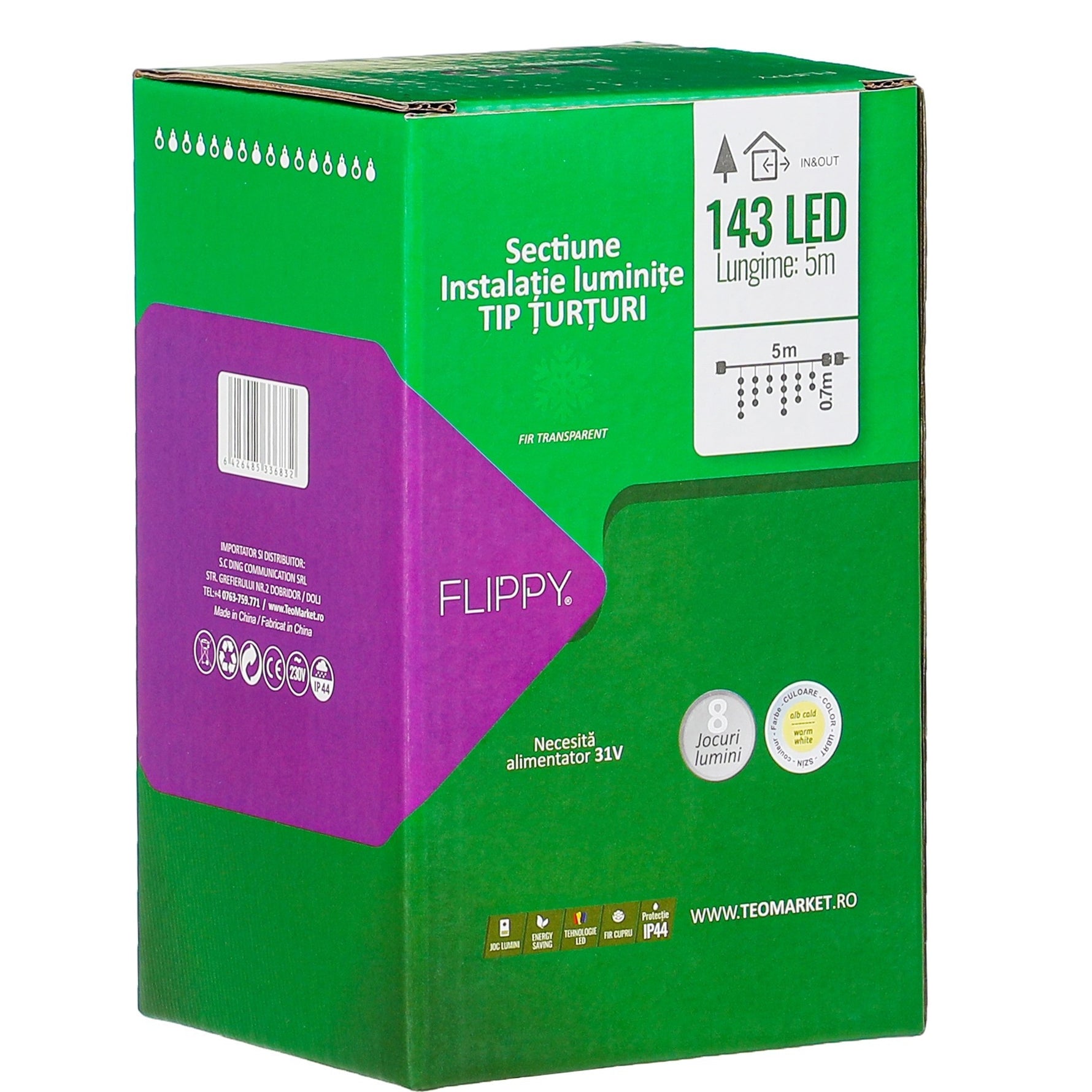 Instalatie Solara Craciun Turturi, IP44, 5 m, 143 Led-uri, Perdea Franjurata, Alb cald, 8 jocuri de lumini, cu