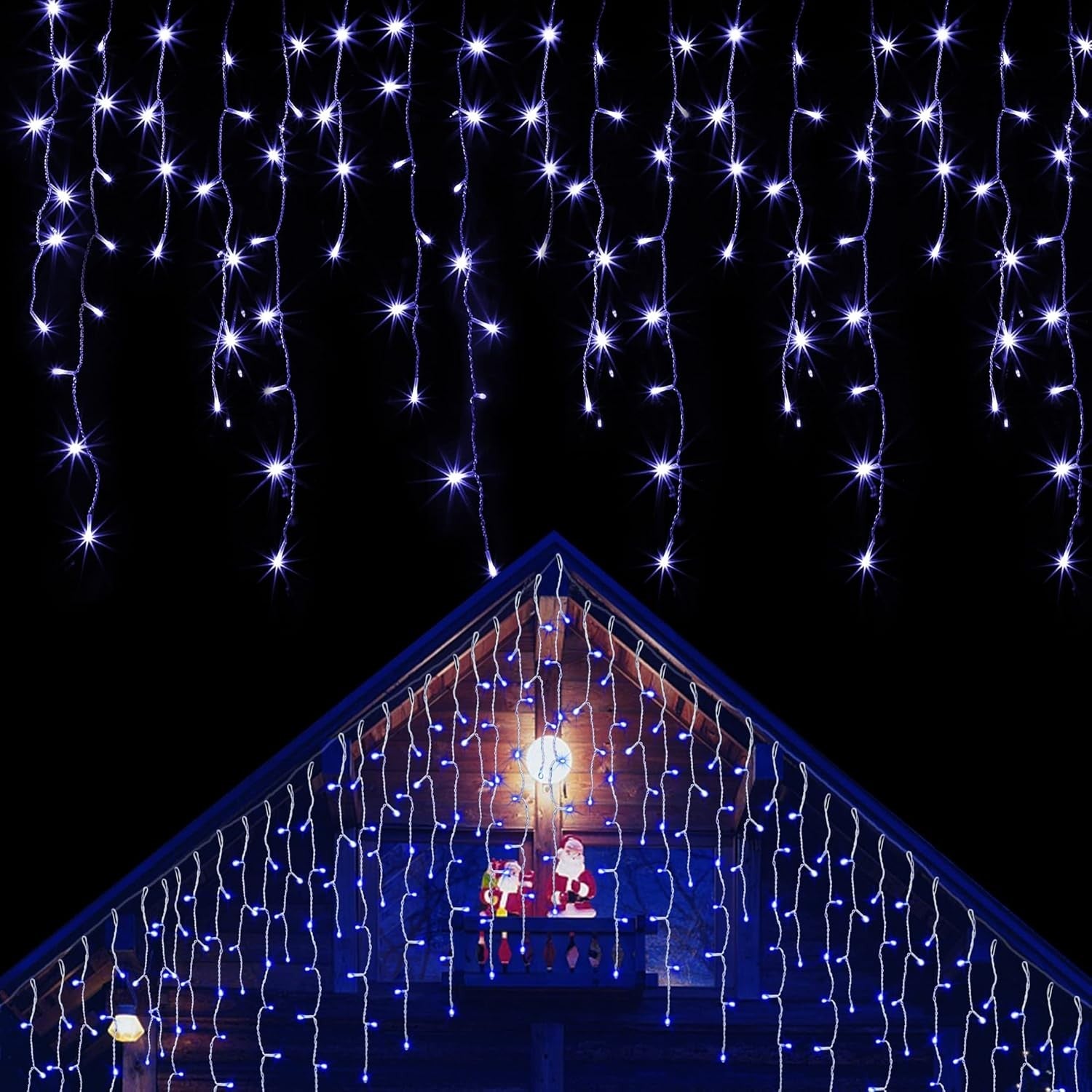 Instalatie Solara Craciun Turturi, IP44, 5 m, 143 Led-uri, Perdea Franjurata, Albastru, 8 jocuri de lumini, cu