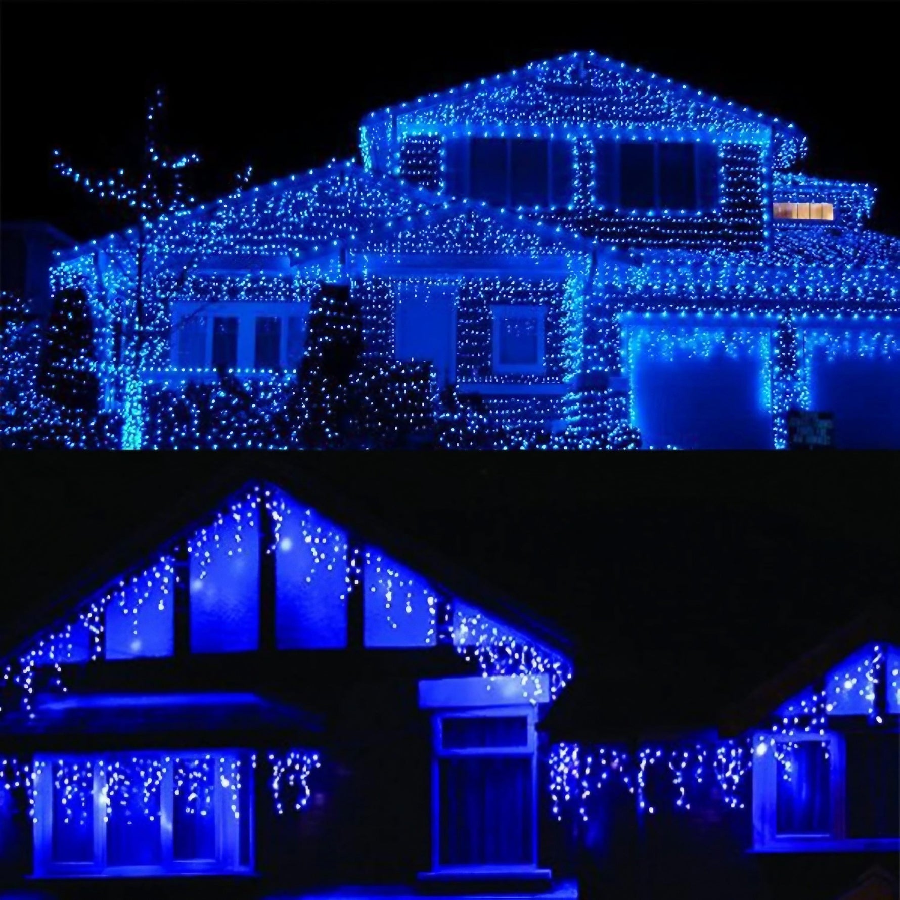 Instalatie Solara Craciun Turturi, IP44, 5 m, 143 Led-uri, Perdea Franjurata, Albastru, 8 jocuri de lumini, cu