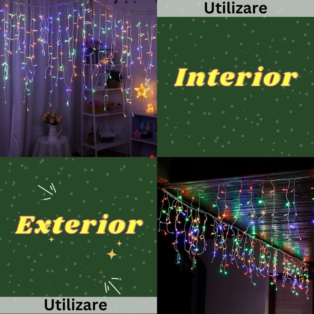 Instalatie Solara Craciun Turturi, IP44, 5 m, 143 Led-uri, Perdea Franjurata, RB-RG, 8 jocuri de lumini, cu