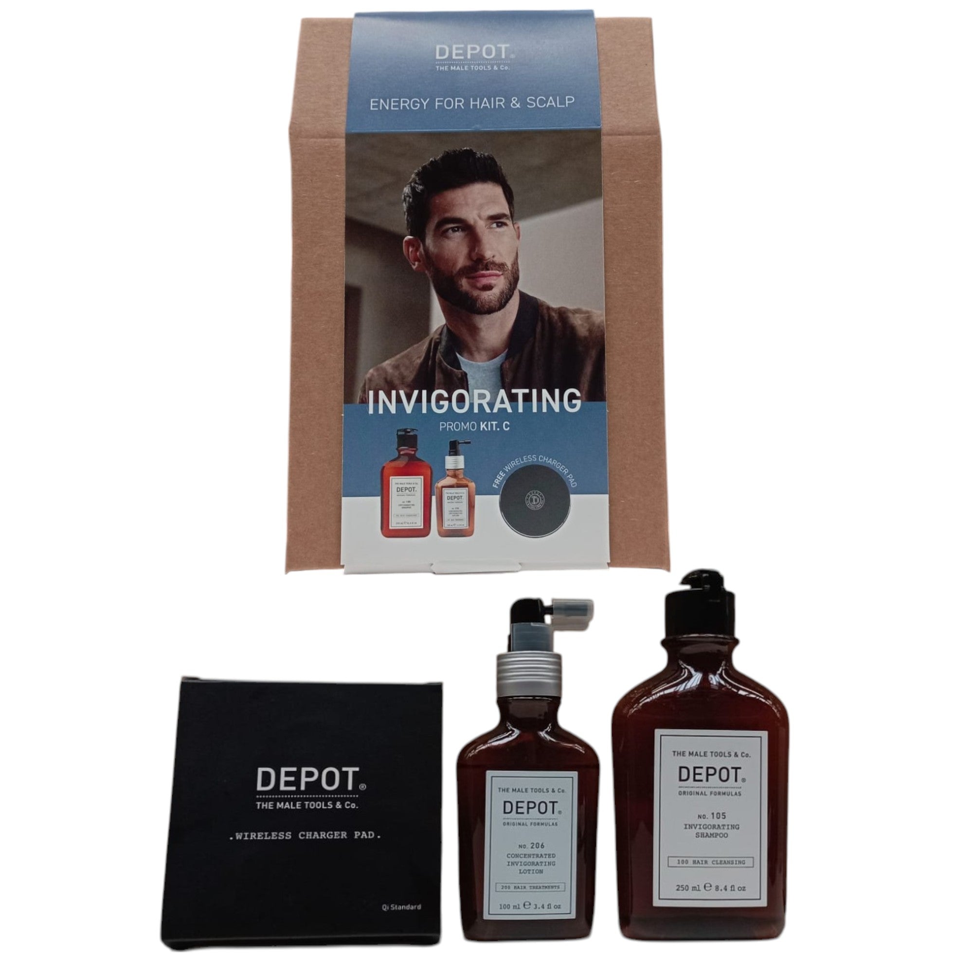 Invigorating Kit C Set Depot: 100 Hair Cleansing No. 105, Multivitamin Complex, Hair Shampoo, Anti-Hair Loss, 250 ml + 200 Hair Treatments No. 206, Hair Lotion Treatment, Invigorating, 100 ml - Olmarkt