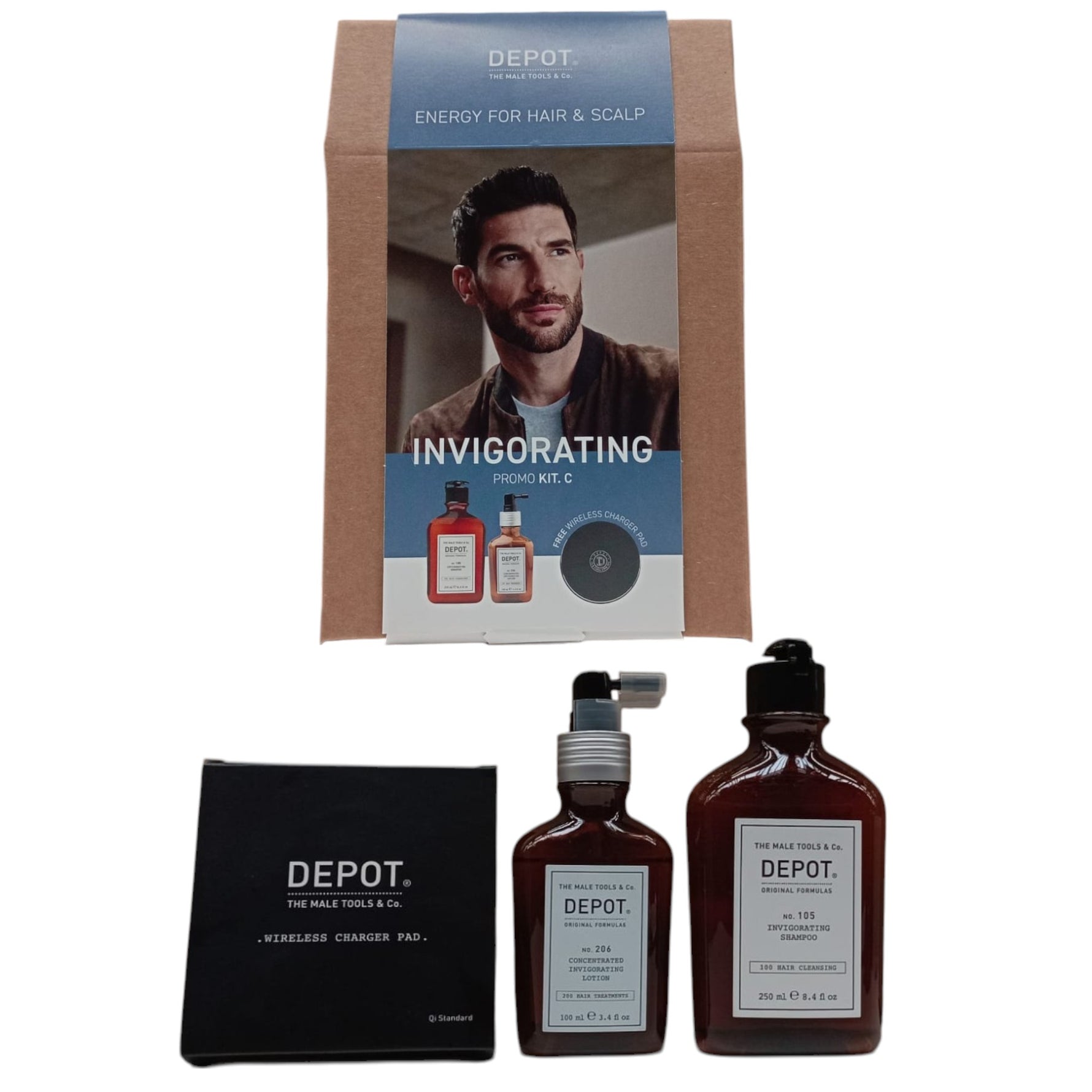 Invigorating Kit C Set Depot: 100 Hair Cleansing No. 105, Multivitamin Complex, Hair Shampoo, Anti-Hair Loss, 250 ml + 200 Hair Treatments No. 206, Hair Lotion Treatment, Invigorating, 100 ml - Olmarkt