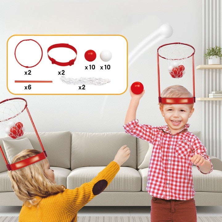 Set Interactiv pentru Copii, Flippy, Joc cu Doua Cosuri de Baschet de Pus pe Cap, Joc Dublu, 20 de Mingi Albe si Rosii,