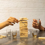 Joc de Baut Jenga Flippy, Turnul Betivului din Lemn, Piese cu Provocari, Pahare de Shot din Sticla Incluse, 19 x 7 x 20
