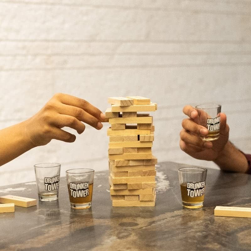 Joc de Baut Jenga Flippy, Turnul Betivului din Lemn, Piese cu Provocari, Pahare de Shot din Sticla Incluse, 19 x 7 x 20