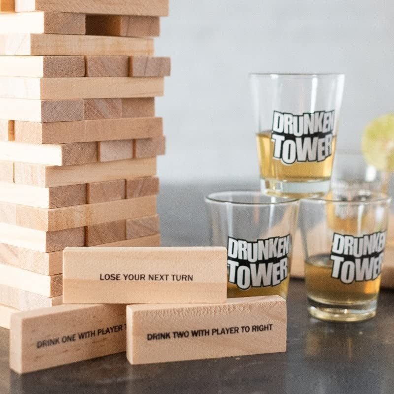 Joc de Baut Jenga Flippy, Turnul Betivului din Lemn, Piese cu Provocari, Pahare de Shot din Sticla Incluse, 19 x 7 x 20