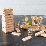 Joc de Baut Jenga Flippy, Turnul Betivului din Lemn, Piese cu Provocari, Pahare de Shot din Sticla Incluse, 19 x 7 x 20