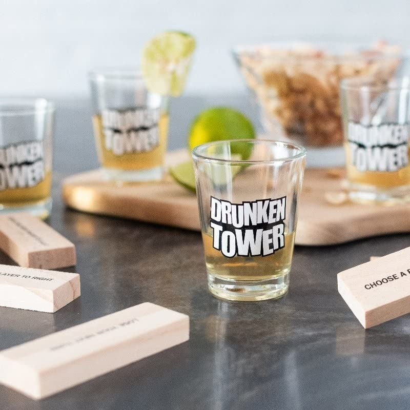 Joc de Baut Jenga Flippy, Turnul Betivului din Lemn, Piese cu Provocari, Pahare de Shot din Sticla Incluse, 19 x 7 x 20