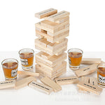 Joc de Baut Jenga Flippy, Turnul Betivului din Lemn, Piese cu Provocari, Pahare de Shot din Sticla Incluse, 19 x 7 x 20