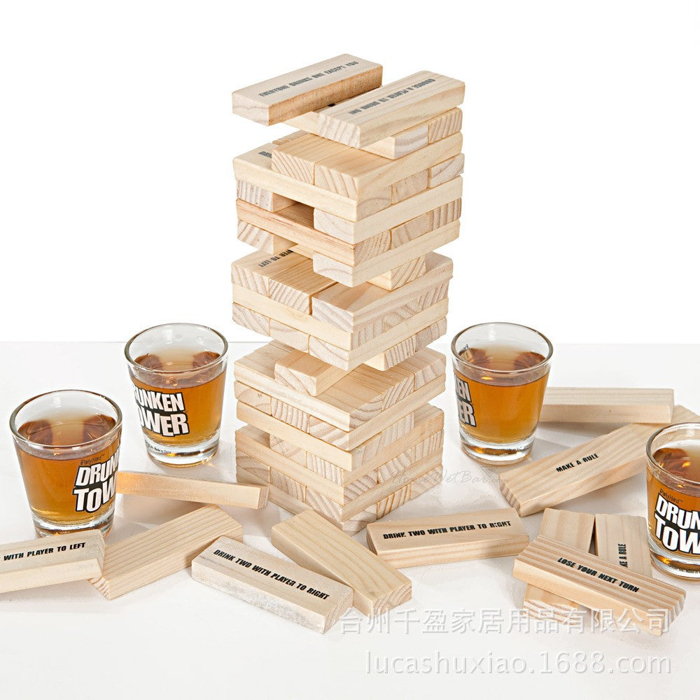 Joc de Baut Jenga Flippy, Turnul Betivului din Lemn, Piese cu Provocari, Pahare de Shot din Sticla Incluse, 19 x 7 x 20