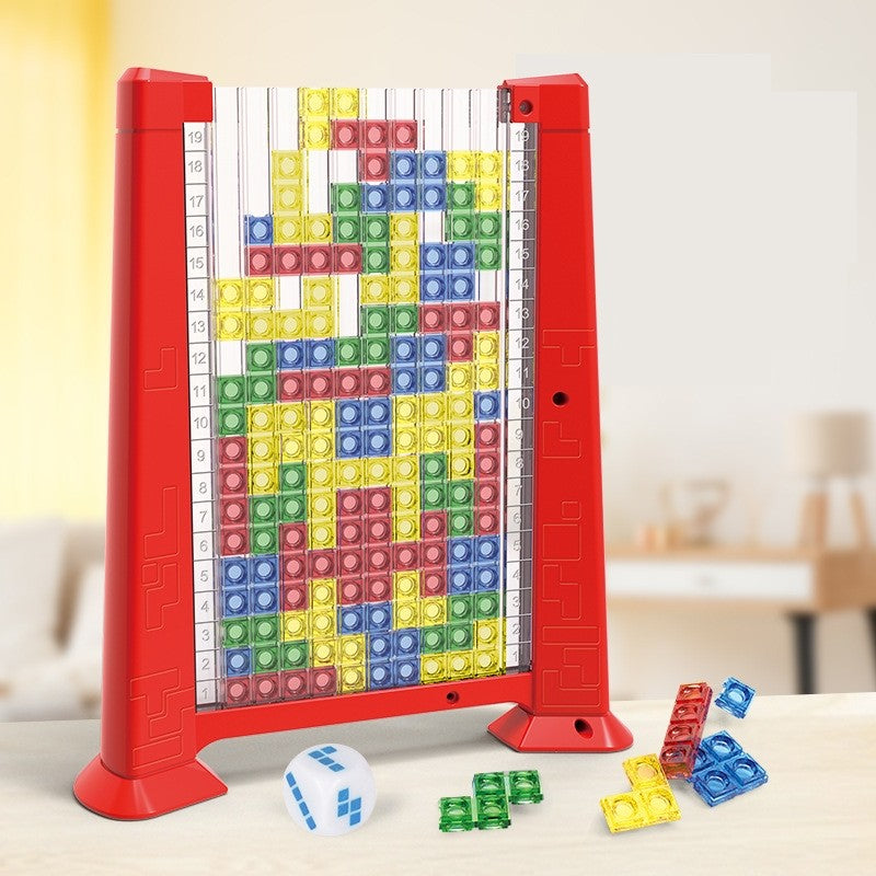 Joc de inteligenta Tetris puzzle tangram Flippy, 70 de piese multicolore, 3D, montessori, interactiv, din plastic, zar