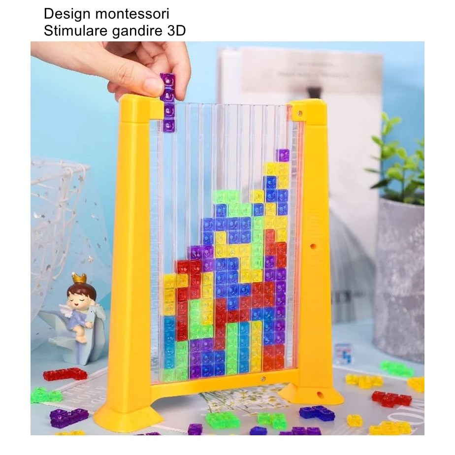 Joc de inteligenta Tetris puzzle tangram Flippy, 70 de piese multicolore, 3D, montessori, interactiv, din plastic, zar