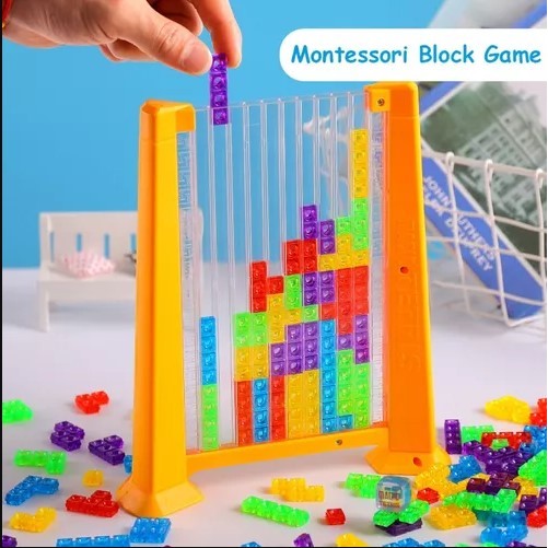 Joc de inteligenta Tetris puzzle tangram Flippy, 70 de piese multicolore, 3D, montessori, interactiv, din plastic, zar