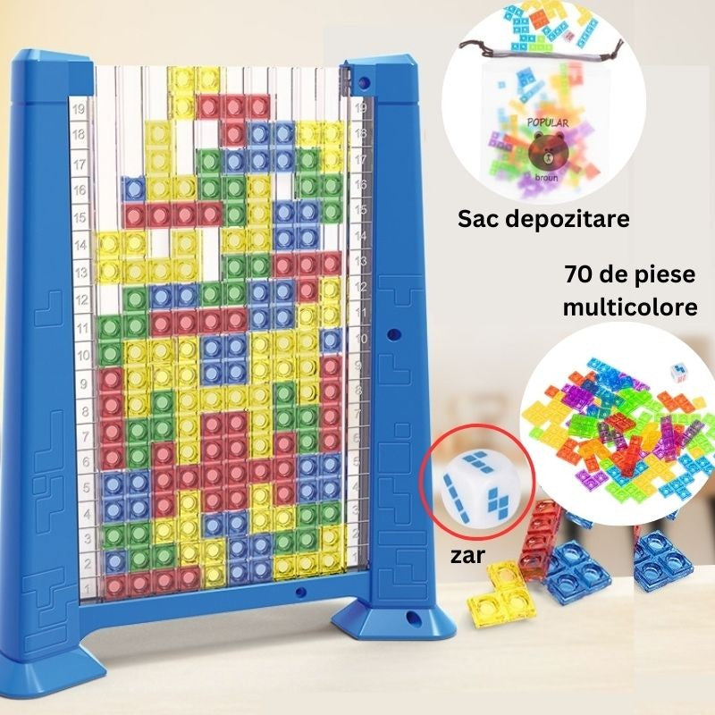 Joc de inteligenta Tetris puzzle tangram Flippy, 70 de piese multicolore, 3D, montessori, interactiv, din plastic, zar
