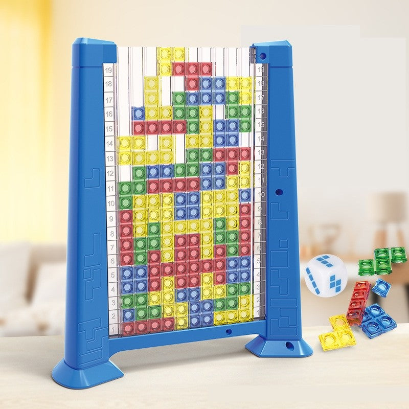 Joc de inteligenta Tetris puzzle tangram Flippy, 70 de piese multicolore, 3D, montessori, interactiv, din plastic, zar