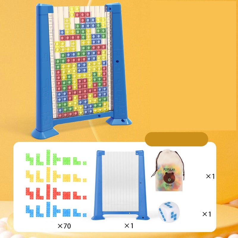 Joc de inteligenta Tetris puzzle tangram Flippy, 70 de piese multicolore, 3D, montessori, interactiv, din plastic, zar