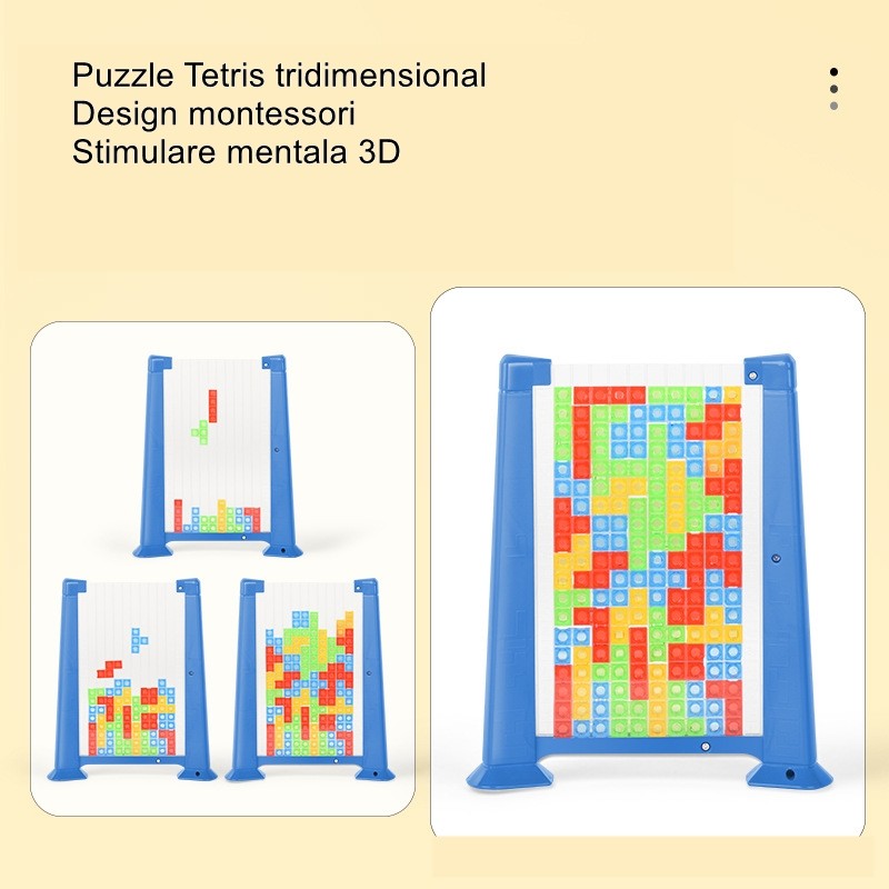 Joc de inteligenta Tetris puzzle tangram Flippy, 70 de piese multicolore, 3D, montessori, interactiv, din plastic, zar