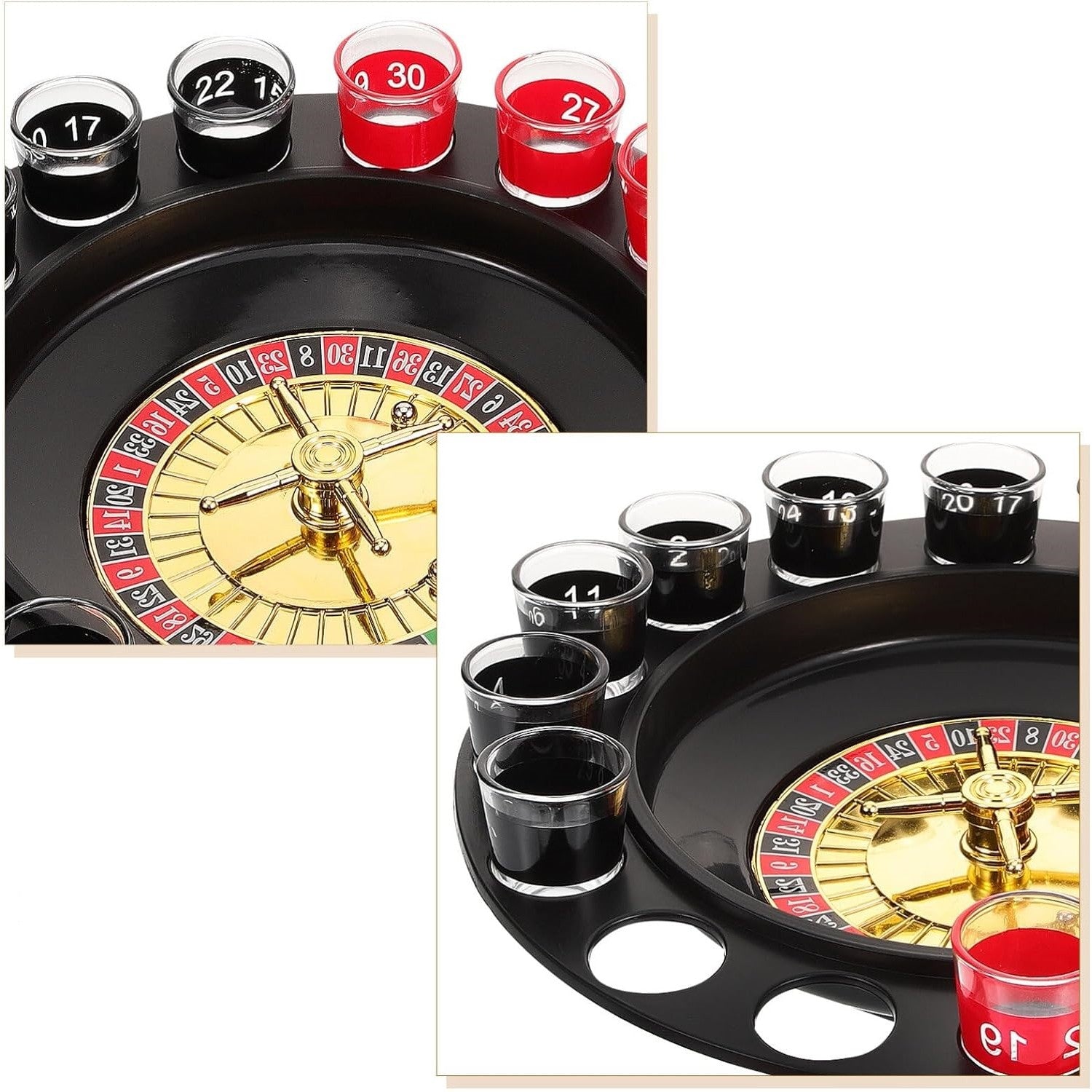 Joc de Ruleta Flippy, cu Pahare de Shot si Plansa de Joc Blackjack, 31 cm, Rosu-Negru