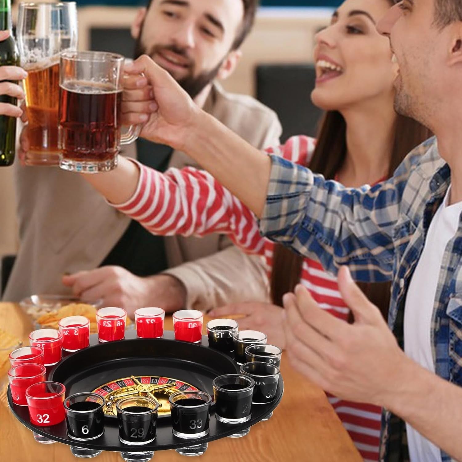 Joc de Ruleta Flippy, cu Pahare de Shot si Plansa de Joc Blackjack, 31 cm, Rosu-Negru
