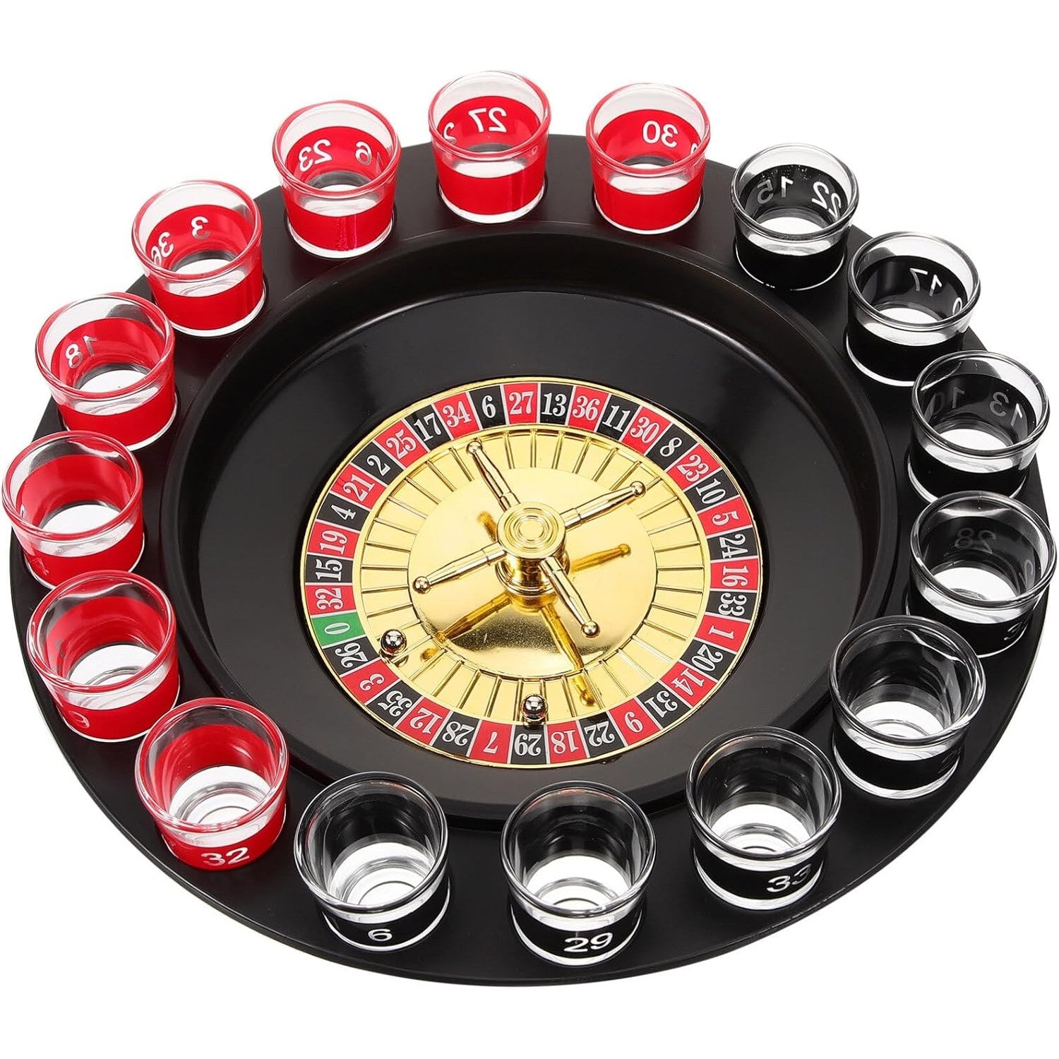 Joc de Ruleta Flippy, cu Pahare de Shot si Plansa de Joc Blackjack, 31 cm, Rosu-Negru